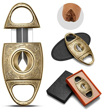 CIGARLOONG Cigar Cutter Gold Stainless Steel Bronze Engraved V Cut Blade Cigar Guillotine