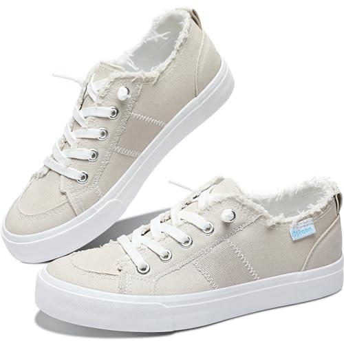 Obtaom Women's Play Fashion Sneaker Comfortable Canvas Slip on Shoes Washed Canvas Flats（Beige US9）