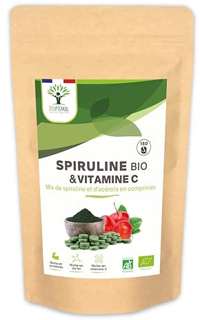 Spiruline + Acérola Bio - Complément Alimentaire - Enrichi En Vit. C et Magnésium - Meilleure Absorption Du Fer - Energie Immunité - 500mg - Fabriqué En France - Certification Ecocert - 150 Comprimés