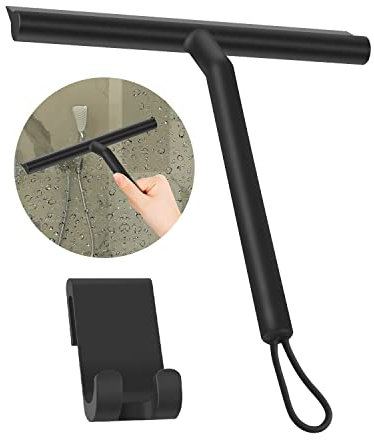 BROTOU Silicone Shower Squeegee with Hook & Lanyard, Window Glass Scraper, Mirror Screen Wiper, Multi Cleaner for Bathroom, Door, Car and Furniture (Black, 8 Inch)