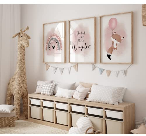 MeinBaby123® 3er Set DIN A2 Poster | Kinderzimmer Wandposter Premium | Deko Bilder | Fuchs & Luftballon Rosa