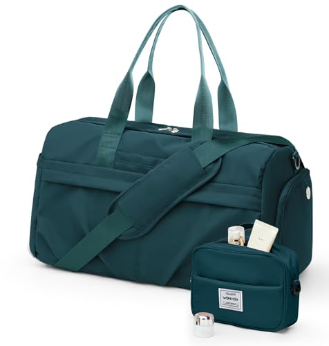 Gym Bag for Women Men, Sport Duffel Bag with Toiletry Bag & Shoe Compartment,Waterproof Travel Weekender Overnight Carry on Bag for Yoga with Trolley Sleeve, Peacock Blue Set