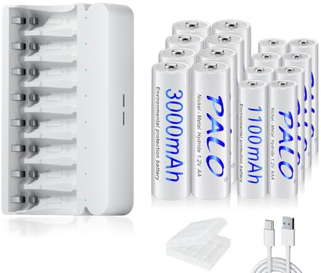 Mspalocell Pilas Recargables AA con Cargador, 8 Ranuras 5V/2A USB Carga Rápida Portátil para Baterías Ni-MH 1.2V, Carga Independiente, 8 Pilas AA 8 Pilas AAA Recargables con Cargador