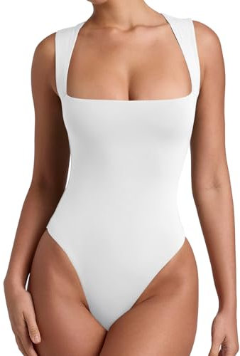 REORIA Womens Summer Sexy Sleeveless Square Neck Double Lined Going Out Cute Thong Bodysuit Tank Tops White Small
