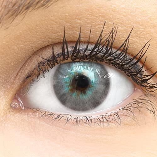 Glamlens lentilles de couleur gris naturelles colorées très haute opacité Cagliari Gray + étuis à lentilles de contact - 1 paire (2 pièces) - 90 Jours - sans correction - 0,00 Dioptries