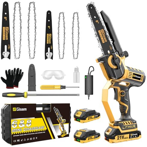 Mini Motosierra Bateria 6 +8 Pulgadas,900W Motor sin escobillas con Engrasador automático Para El Aceite y 2 2000 mAh baterías,con dos raíles,4 cadenas,para Podar Árboles de Jardinería