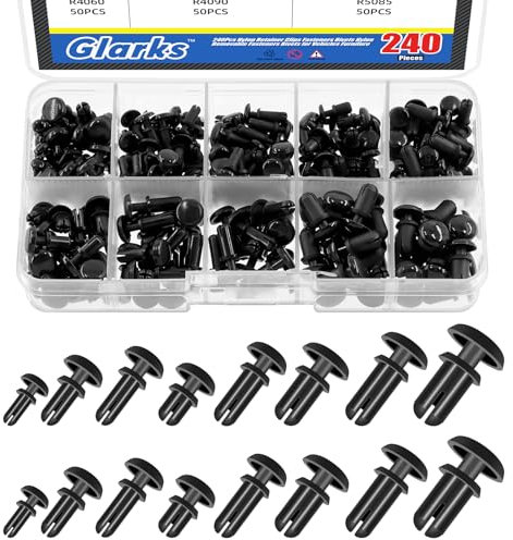 Glarks 240 rivetti in nylon rimovibili in 8 misure, 2 mm, 3 mm, 3,5 mm, 4 mm, 5 mm, nero, rivetti a clip per paraurti auto, clip di fissaggio per paraurti auto