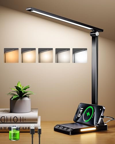 TOPPLEE LED Desk Lamp Rechargeable, Aluminium Dimmable Lamp with Night Light & USB Charging Port, 5 Color Temperature Eye-Caring Reading Lamp with Timer for Bedroom, Office, Dormitory(Black)