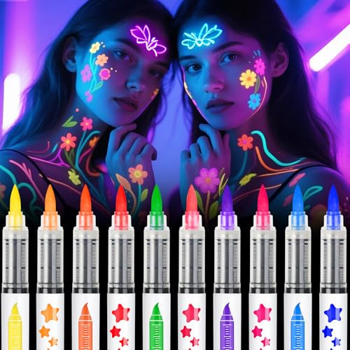 nsxsu Glow in The Dark Face Paint Markers 10 Colors, Black Light Neon Body Paint Pens for Skin, Washable UV Temporary Tattoo for Birthday Glow Party Supplies Pride 4th of July Accessories