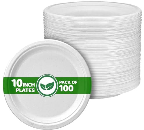 Disposable Paper Plate 10 Inch Heavy Duty Strong Bagasse Compostable Eco-Friendly Natural Sugarcane Fibers Round Plates for Hot & Cold Food Catering BirthdayDinner Party Office Picnic BBQs 50 Plates