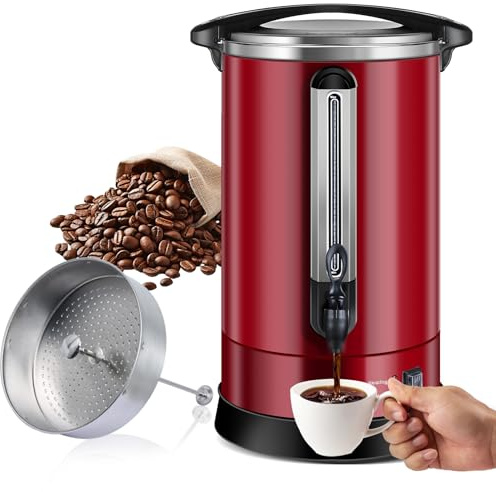 Homtone 120 koppar/18 L dubbelväggig kaffeperkolator, industriell perkolator med runt filter och kran, varmvattendispenser för kaffe, te, 1 500 W (röd)