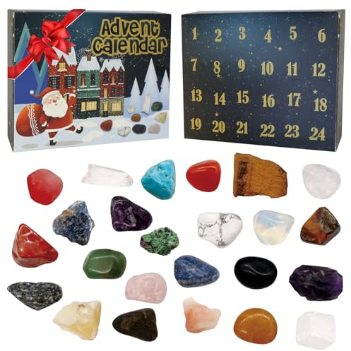 Adventskalender 2025 Kristalle, Weihnachts Countdown Kalender mit 24 Chakra Kristallen und Identifikationsblatt, Perfekt Weihnachts Geschenk für Mädchen Jungen Geologie Enthusiasten