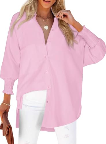 Chicrise Camisa con botones para mujer con puños fruncidos, blusa con cuello en V a rayas, camisa ligera oversize rosa, talla grande 42-44