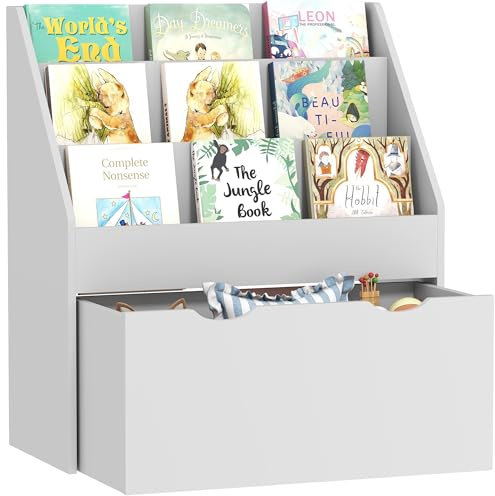 AIYAPLAY Kids Bookshelf, Bookcase Toy Storage Organiser with 3 Tier Shelves, Drawer, for Bedroom, Nursery, Playroom, Classroom, Grey