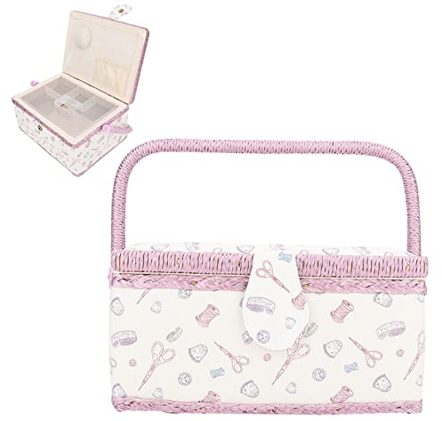 WAHEWUD Cestino da Cucito Vintage con Manico - Scatola Portaoggetti in Tessuto con Vassoio Rimovibile, Organizer Kit Cucito Doppio Strato per Aghi e Fili (Fantasia Rosa)
