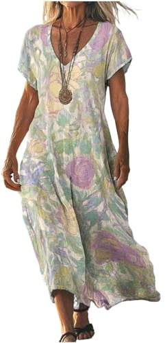 Vestido Largo Mujer de Verano Casual, Vestidos Maxi de Algodón y Lino Manga Corta Cuello en V, Vestidos Boho Chic Elegante Largos Transpirable Tallas Grandes para Playa Vacaciones 2026