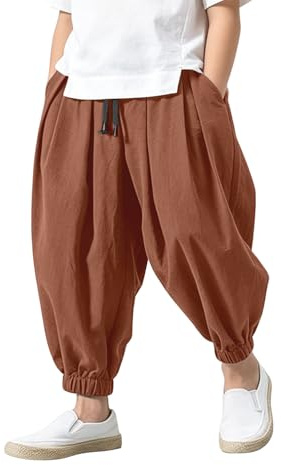 Generisch Boys Cotton Linen Harem Jogging Bottoms UK Drawstring Elastic Waist Baggy Loose Cuffed Ankle Trousers Wide Leg Casual Summer Streetwear Kids Play Pants with Side Pockets Coffee