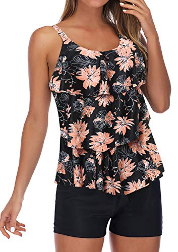 RXRXCOCO Plus Size Tankini Swimsuits for Women with Shorts Tankini Tops Tummy Control Bathing Suit, Pink Black, UK14-16=Tag Size L