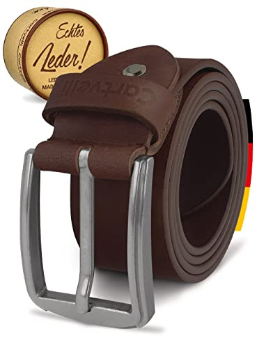 Cartvelli vintage läderbälte herr 40 mm tillverkad i Tyskland med presentförpackning – bälte i äkta läder, spänne silver, BRUN, 100