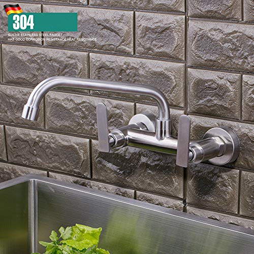 Wall-Mounted Stainless Steel Kitchen Sink Mixer Tap Rotary Cold and Hot Water Faucet Double Handles