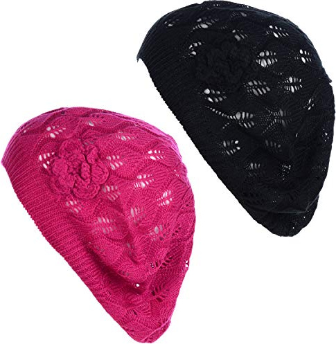 BYOS Chic Parisian Style Soft Lightweight Crochet Cutout Knit Beret Beanie Hat 2-Pack Leafy W/Flower Fuchsia & Black