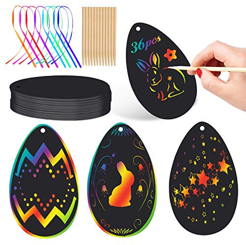 Wishstar Osterei Kratzbilder,Ostern Scratch Painting,Kratzpapier Bastelset 36 Stück,für Ostern Anhänger Dekoration DIY Handwerk
