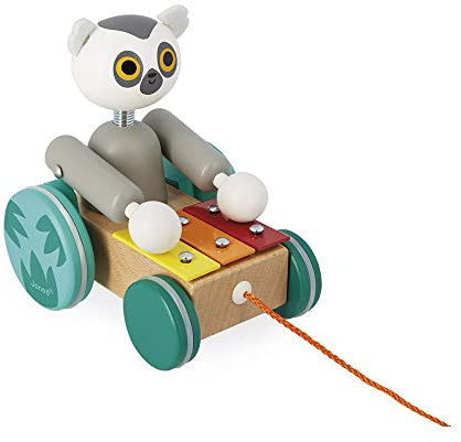 Janod - Musik-Lemur zum Ziehen Tropik - 2-in-1-Entwicklungsspielzeug aus Holz - Lernspielzeug - Gehen und Gleichgewicht - FSC-zertifiziert - Wasserfarbe - Ab 18 Monaten, J08270