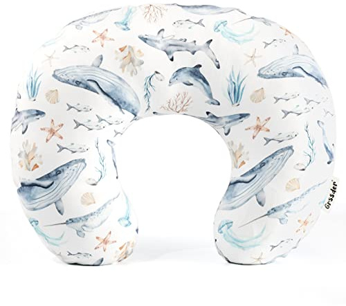 GRSSDER Federa per cuscino da allattamento, elasticizzata, rimovibile, per allattamento al seno, ultra morbida e confortevole, per ragazze e ragazzi, motivo balena e mare