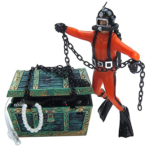 Eyech Live-Action Aquarium Ornament Creative Undersea Treasure Chest Diver Air Bubbler Aerating for Fish Tank Decorations Orange Color