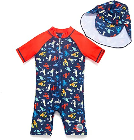 BONVERANO Bañador de una Pieza para bebé recién Nacido, Mangas largas, protección UV 50+, bañador con Cremallera(Rojo-camarón,6-9meses