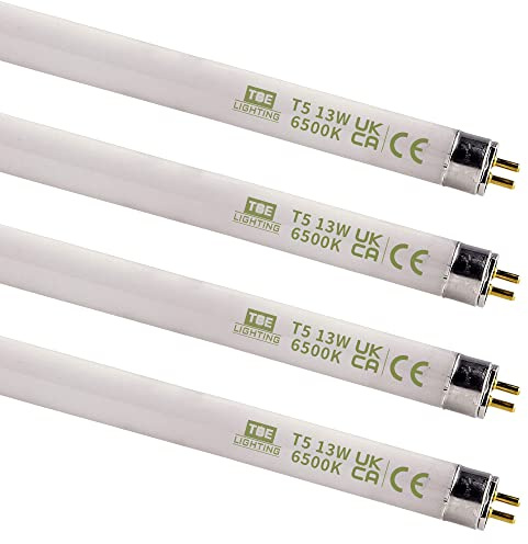 TBE Lighting T5 - Lampade fluorescenti a tubo da 13 W, 517 mm, lampadine CFL, attacco G5, attacco base a 2 pin, T5, ad alta efficienza, luce diurna, 6500 K, confezione da 4