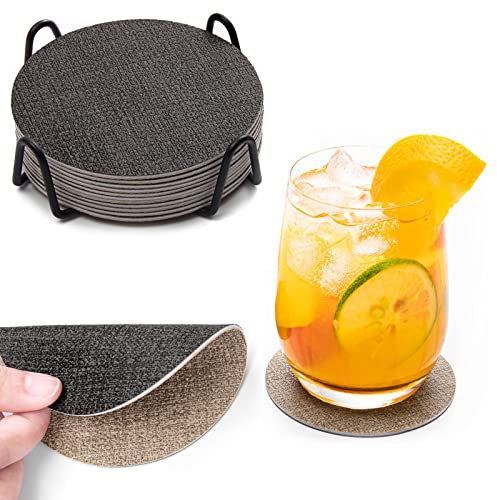 Chitomars Sottobicchieri in Pelle Set di 12, Antiscivolo Impermeabile Sottobicchiere Lavabili Bifacciale Sottobicchieri per Caffè, Bar, Ristoranti, Ufficio e Altro (Grigio Beige, Rotondo)