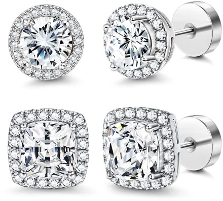 Morfetto 14K Boucles d'oreilles Carrées Rondes à Dos Plat pour Hommes Femmes Grandes Grandes Boucles d'Oreilles en Zircone Cubique Boucles d'Oreilles pour Hommes Boucles d'Oreilles à Dos Plat