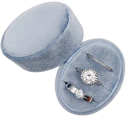 Beatilog Velvet Oval Ring Box 3 Slots - Premium Wedding Three Rings Box Vintage Handmade Storage Jewelry Organizer for Proposal, Engagement, Wedding Ceremony, Christmas (Blue)