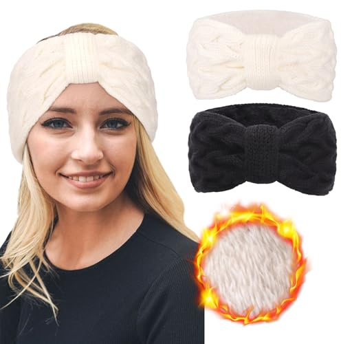 DRESHOW Varmt Stickat Pannband för Kvinnor Vinter Öronvärmare Virkade Huvudomslag Tjocka Fleece Fodrade Hårband