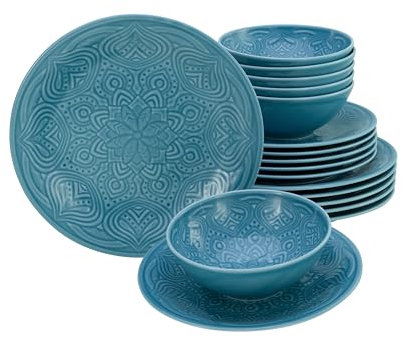 CreaTable, 21624, Série Orient Mandala Aquamarine, 18 pièces de vaisselle, set d'assiettes en porcelaine, Aigue-marine