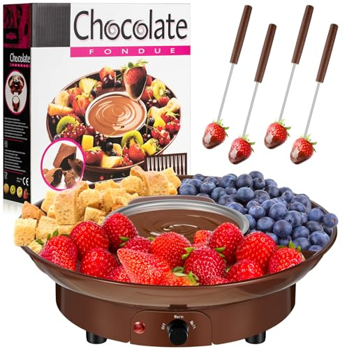Lallisa Electric Fondue Pot Set, Chocolate Fondue Kit, Electric Fondue Maker, Detachable Serving Trays with 4 Roasting Forks, Gift Set for Date Night House Warming Melting Parties(Brown)