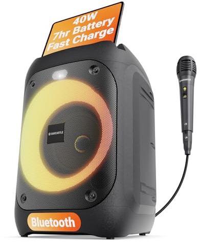 Tragbarer Partybox Bluetooth Lautsprecher | 40 W Leistung und 7 Stunden Akku | Karaoke Maschine mit Mikrofon, Xtra Bass, dynamischer Beleuchtung und SD- und USB-Eingängen | OAKCASTLE PS100