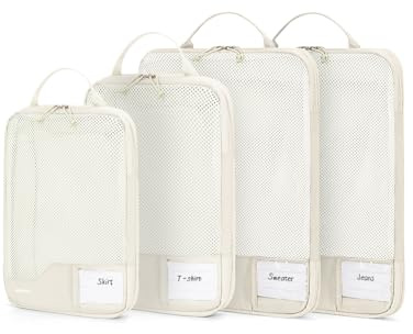 ECOHUB 4-delars Komprimerbara Packkuber för Resväska, Resväskorganisatörmed ID-etikett, Organisatör i Återvunnet PET för Ryggsäckoch Koffert, Andningsbar Förstärkt Mesh Reseorganisatör(Beige)