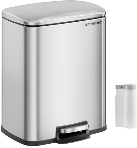 SONGMICS Cestino da Cucina, Pattumiera da 20 L, Bidone, Coperchio a Chiusura Morbida, Resta Aperto, Secchio Interno, 15 Sacchi della Spazzatura Inclusi, Argento Metallizzato LTB543E01