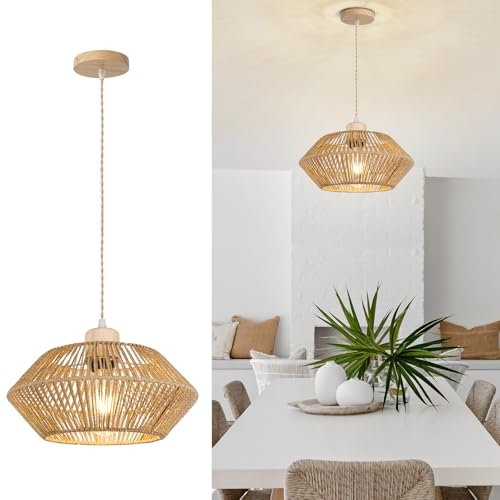 LynPon Lampe en rotin bois vintage, suspension rustique E27, abat-jour panier en rotin, pour cuisine, salle à manger, cave, suspension de plafond de chambre à coucher