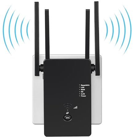 WLAN Repeater Verstärker 1200 Mbit/s,WiFi Extender Dual-Band WiFi Booster Internet Verstärker mit Externen 4 Antenne Internet Booster Mit LAN/WAN Port,Kompatibel Allen WLAN Geräten（Schwarz）