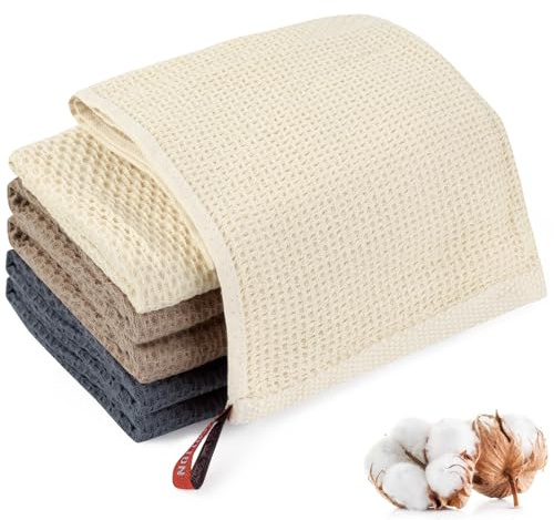 Neerow Geschirrtücher Baumwolle, 6er Spültücher Baumwolle mit Aufhängeschlaufe, Dicke Spüllappen Baumwolles für Haushalt Küche Geschirr, Beige Grau Braun (34 × 34 cm)