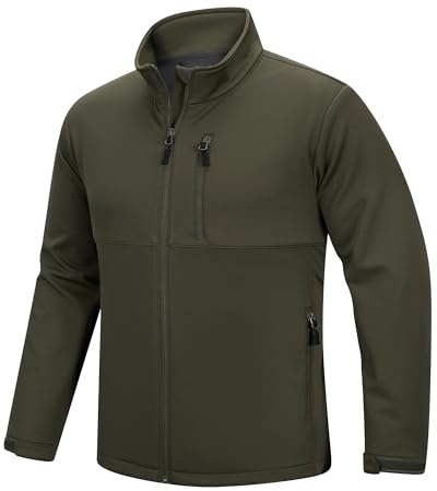 Outdoor Ventures Men's Waterproof Softshell Jackets Lightweight Windbreaker Sports Jacket Stand Collar Hiking Jacket Fleece Lining Workwear for Running Cycling Golfing Olive Green M
