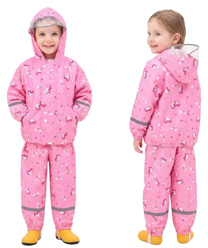 Domueay Tuta Impermeabile Bambina Giacca & Pantaloni Antipioggia Leggero Traspirante Tuta Rosa Unicorno Pioggia Riflettente Completo Impermeabili Abbigliamento Ragazze 4-5 Anni