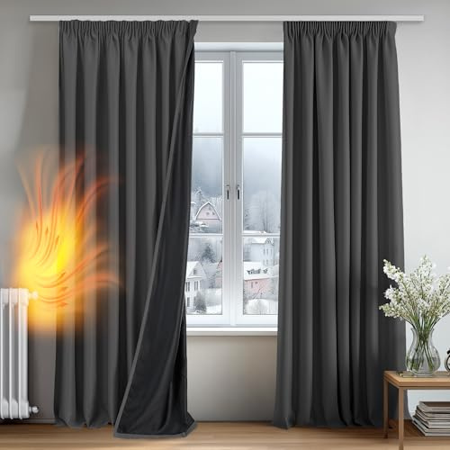 Deconovo Tende per Interni Oscuranti 100% con Retro Nero Completo, Tende Termiche Isolanti con Fettuccia per Camera da Letto e Soggiorno Moderne, 2 Pannelli, 140x245 cm, Grigio Scuro
