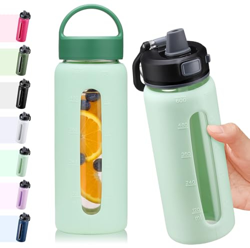 BLUEGO 600 ml glasvattenflaska med 2 lock – One-Touch-förslutningslock och handtagslock Återanvändbar dricksflaska med tidsskala för resor hemma gym sport BPA-fri, ljusblå