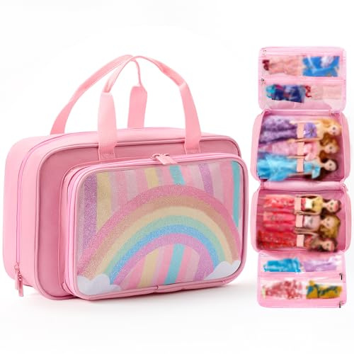 BECOSEFU Carrying Case Compatible with Barbie Dolls 12-Inch, Storage Organizer Holder with Handle for up to 6 Dolls, Multiple Pockets for Clothes & Accessories,Travel Portable Storage Bag,Pink
