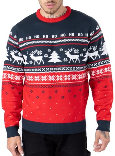 NOROZE Mens Xmas Jumpers Fairisle Christmas Tree Reindeer Snowflakes Hoho Novelty Pullover Sweater (M, Hoho Reindeer Tree Navy)