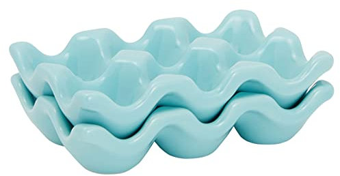 Ceramic Egg Holder for 6 Eggs, 2-Pack of Egg Trays with 6 Cups Each for a Dozen Eggs Total, Teal
